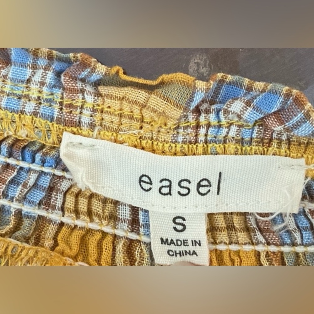 Easel Brown Yellow Blue Plaid Gingham S Country Garden Picnic Cottagecore Dress - Picture 11 of 13